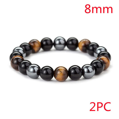 Hand-woven tiger eye stone bracelet in natural colours, showcasing unique texture and geometric design.