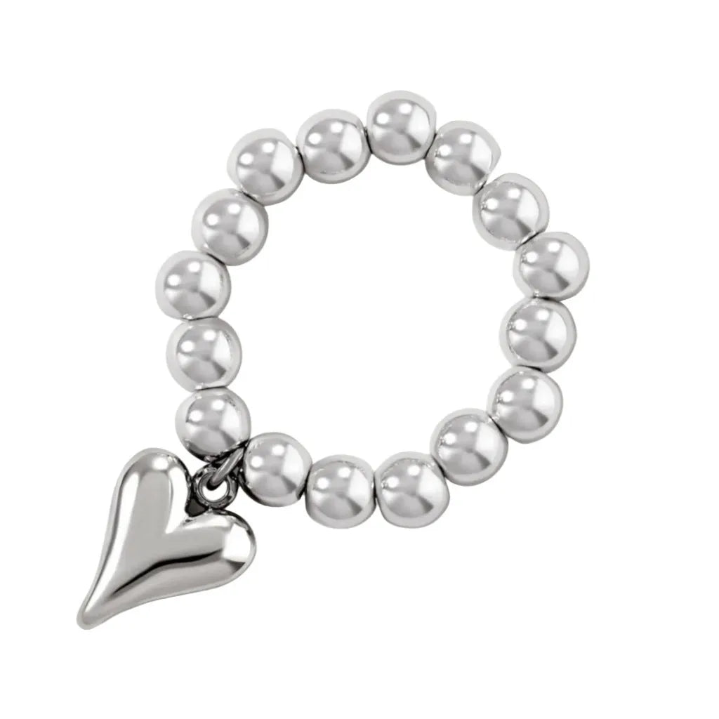 Handmade beaded elastic ring with geometric heart design in gold or silver electroplated finish