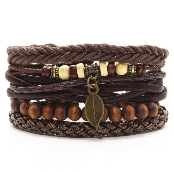 Men's genuine leather vintage braided bracelet with adjustable sliding knot