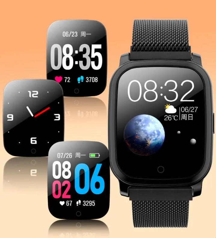 Black smart pedometer watch with temperature measurement function and 1.3-inch colour screen