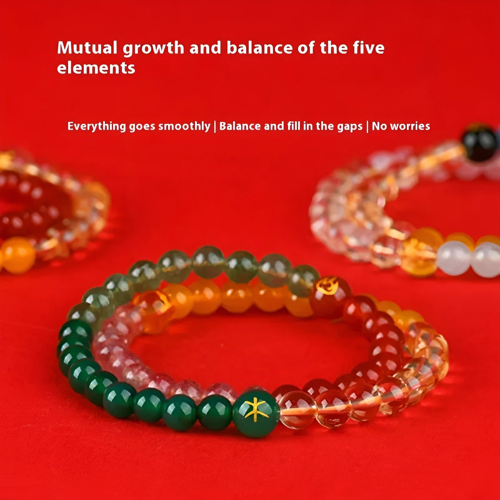 Handmade natural crystal Five Elements double ring bracelet with round beads