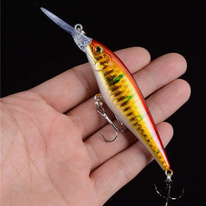 Bionic fishing lure showing 11cm length with detailed colour pattern on ABS plastic body