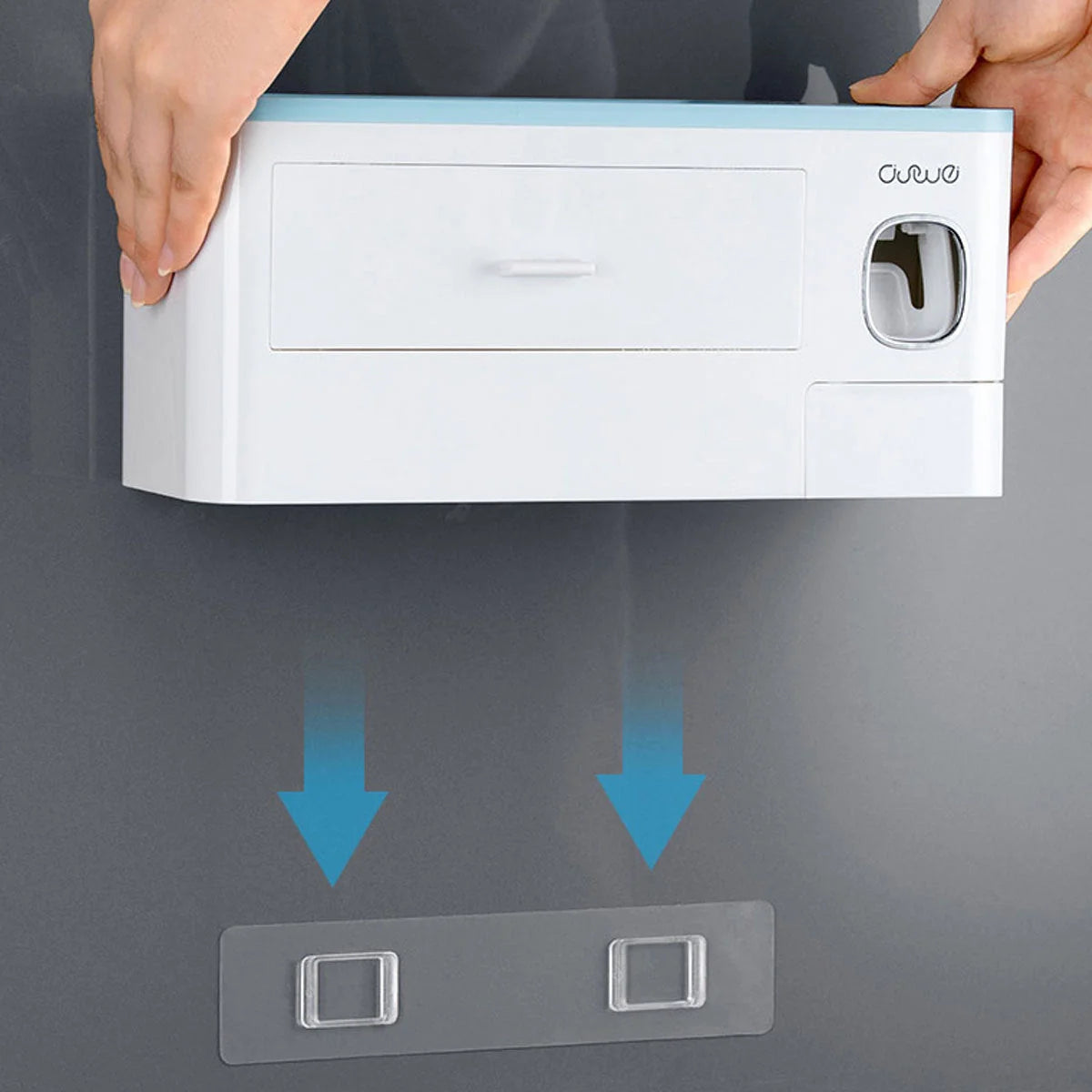 Non-marking hanging magnetic toothbrush holder with toothpaste squeezer in blue and grey