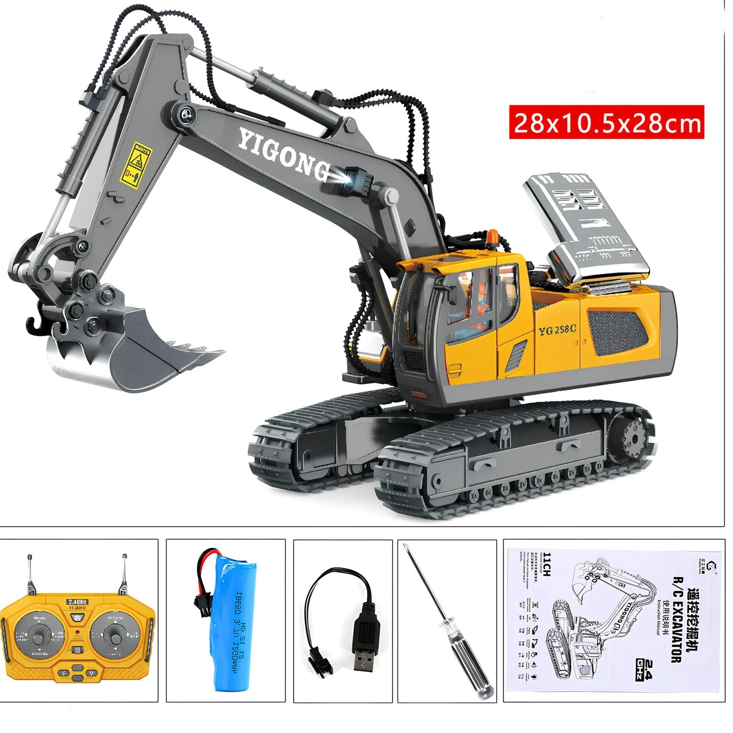Children's grey-green 11-channel alloy excavator toy car with remote control, rechargeable battery, and simulation digging arm extended 15cm