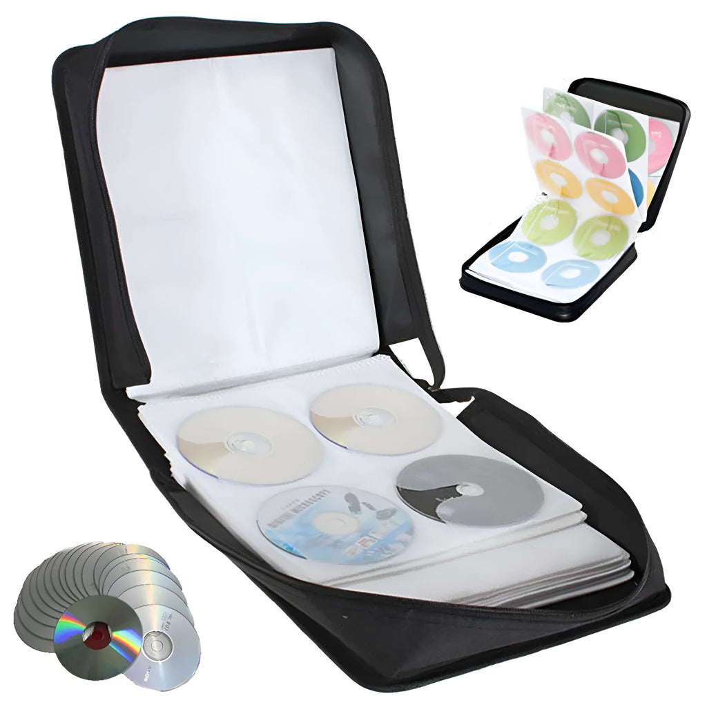 Black Oxford fabric CD storage binder with a zipper and top hand strap, open to show disc sleeves.