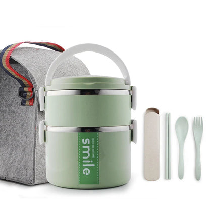 Stainless steel lunch box with built-in spoon, leak-proof design, in green, pink, and blue
