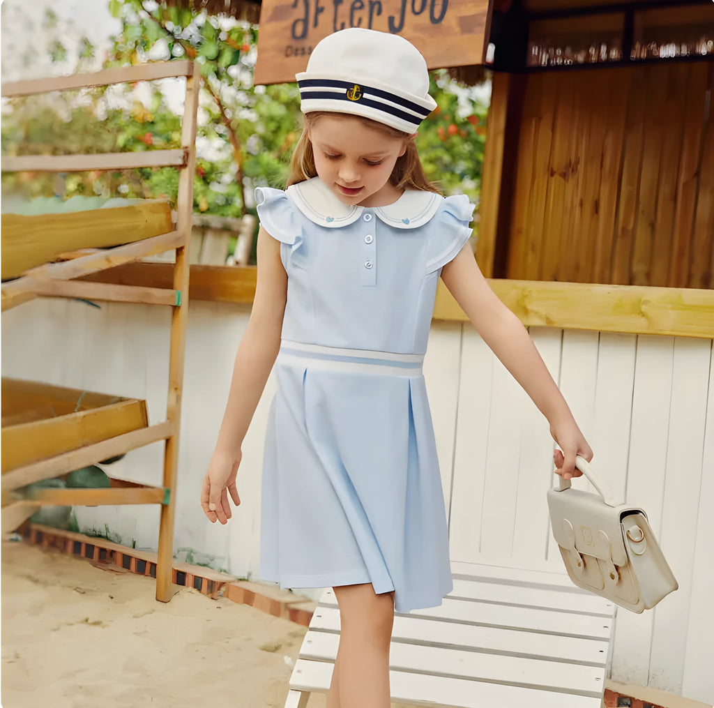 Blue girls polo dress in A-line style for summer, child sizes 110cm to 160cm, front view