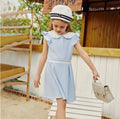 Blue girls polo dress in A-line style for summer, child sizes 110cm to 160cm, front view