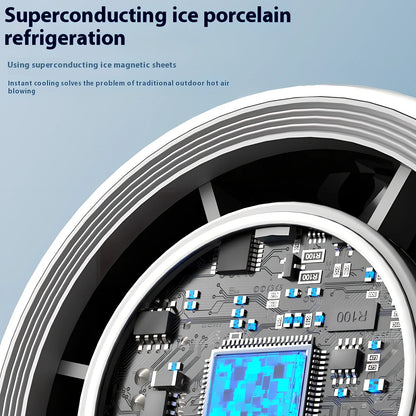 White USB-powered mini turbos fan folded 180° showing digital display and plastic blades, 63x57x176mm for portable camping cooling