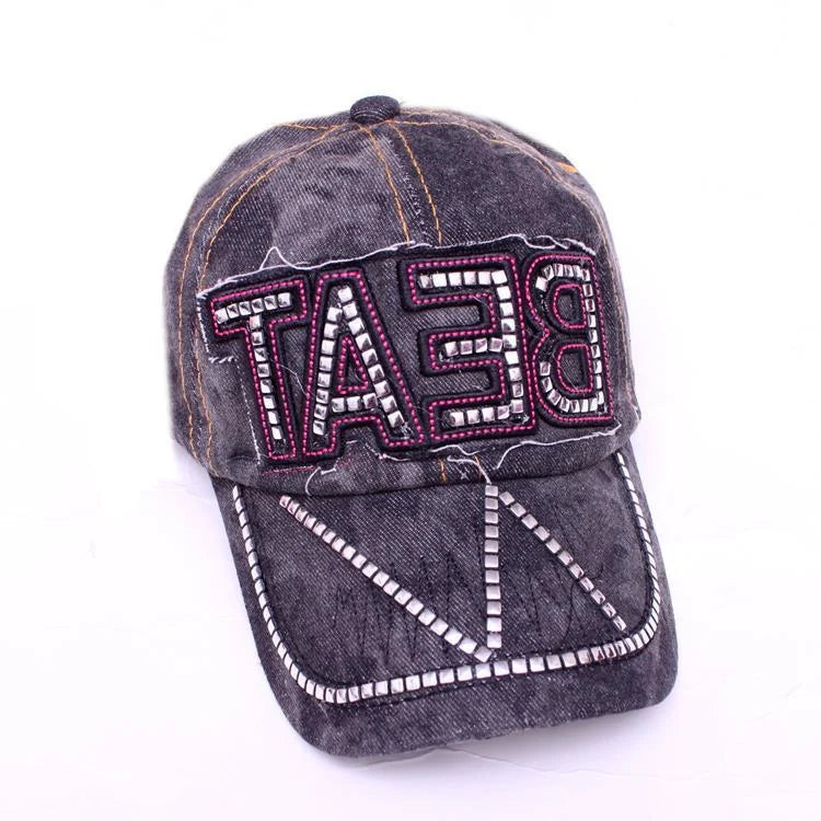 Korean-style denim baseball cap with rhinestone accents in blue, black, and dark blue