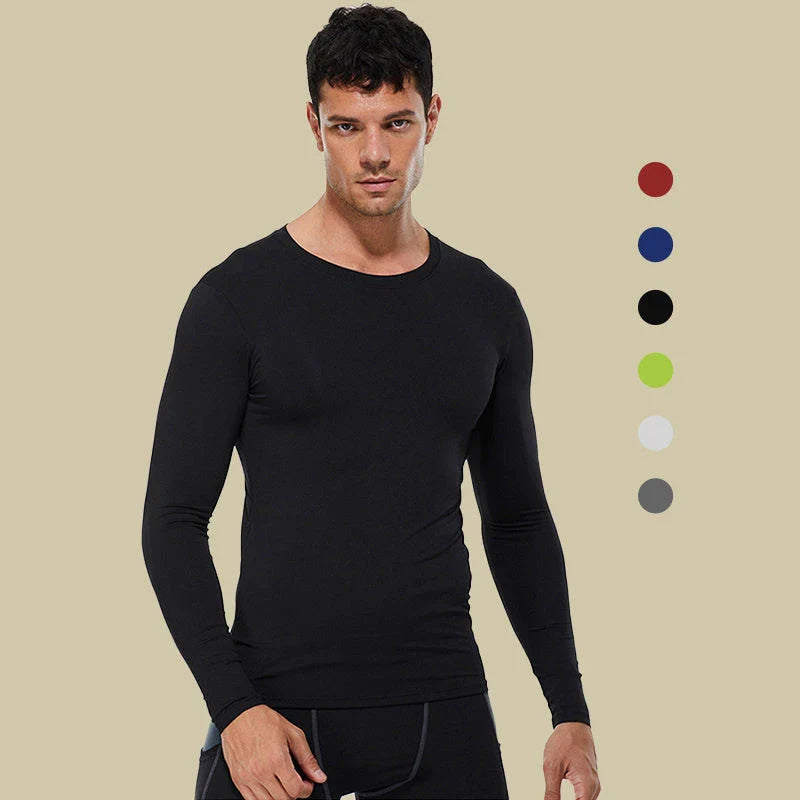 Premium men's compression long sleeve workout top in various colors and sizes