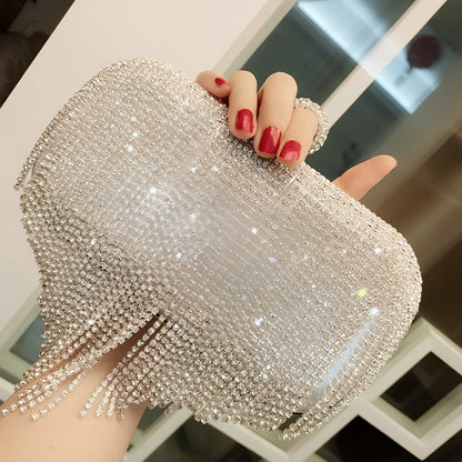 Silver fringed ladies handbag 18cm high with diamond rhinestones and 60-80cm chain strap for evening use