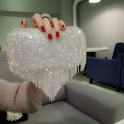 Silver fringed ladies handbag 18cm high with diamond rhinestones and 60-80cm chain strap for evening use