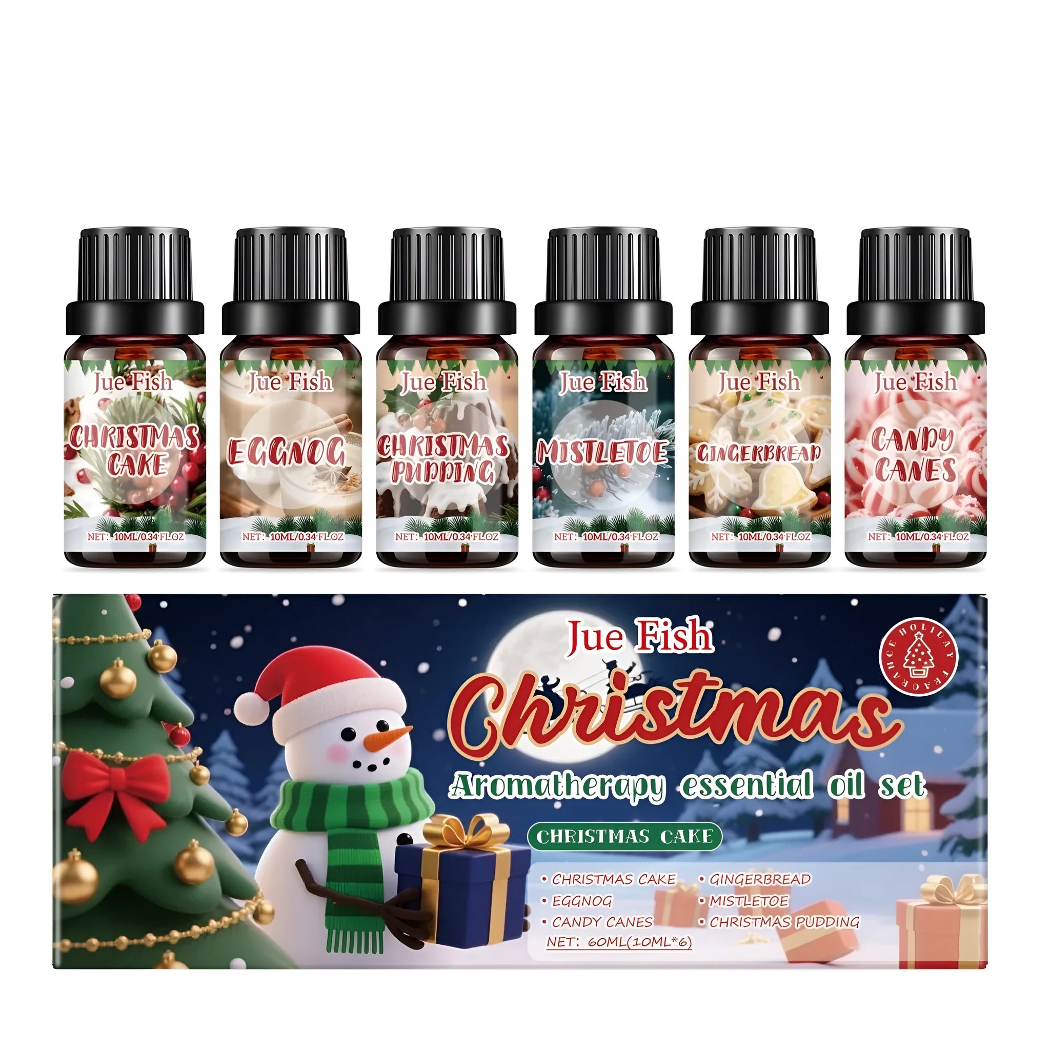 Christmas aromatherapy essential oil set with six 10ml bottles showing different festive scents