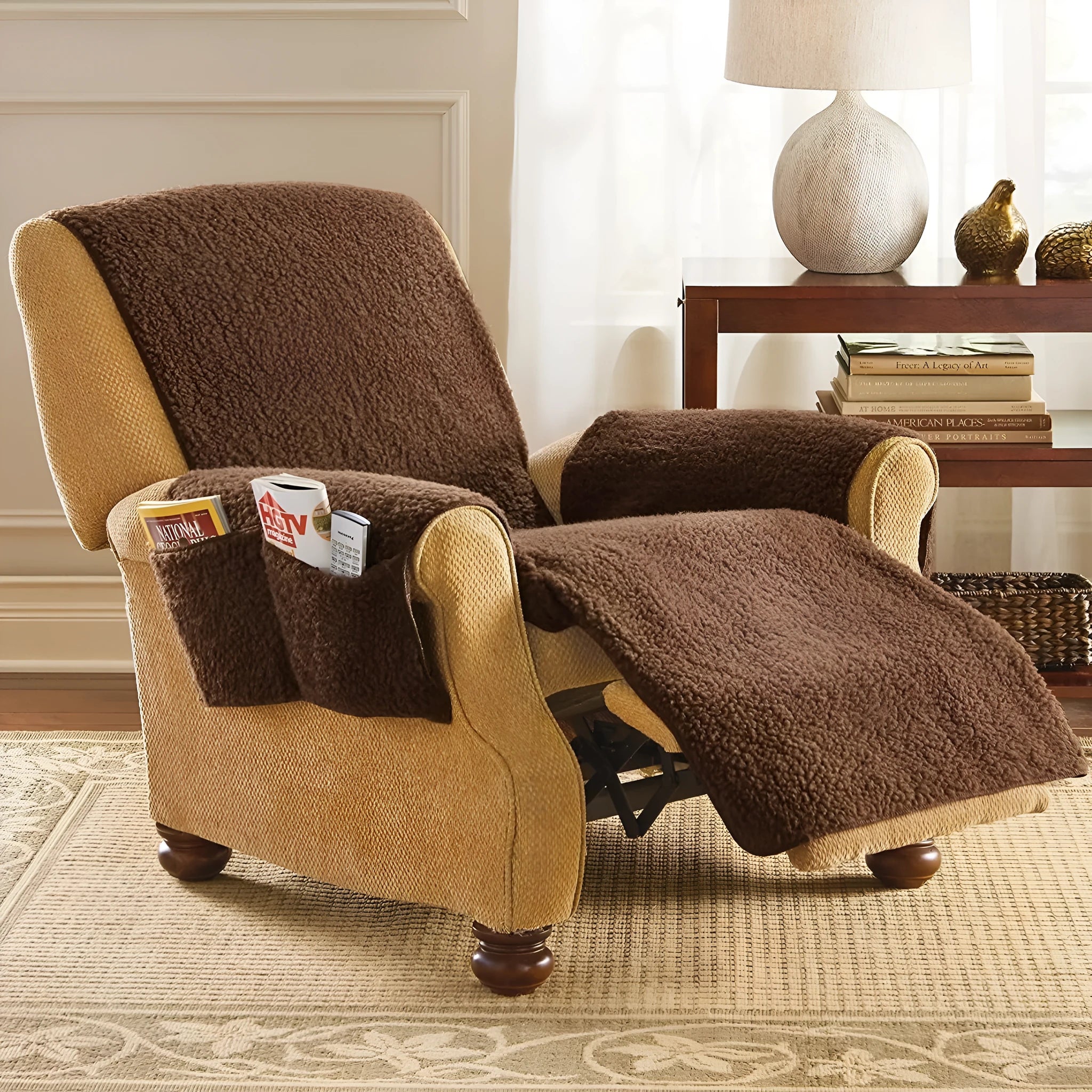 Polyester sofa slipcover in lambswool beige colour on a cushion, showing its fitted design.