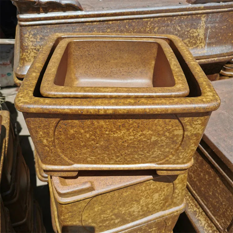 Set of two brown square purple sand bonsai pots with Chinese style design