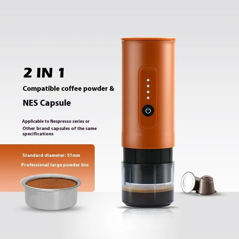 Portable stainless steel coffee machine with car charger, clear spoon, and storage bag in Jungle Green colour.