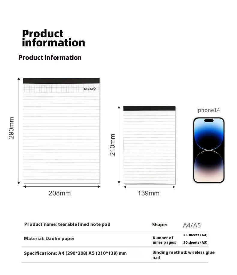 A4 tearable meeting notebook with grid pages and adhesive binding