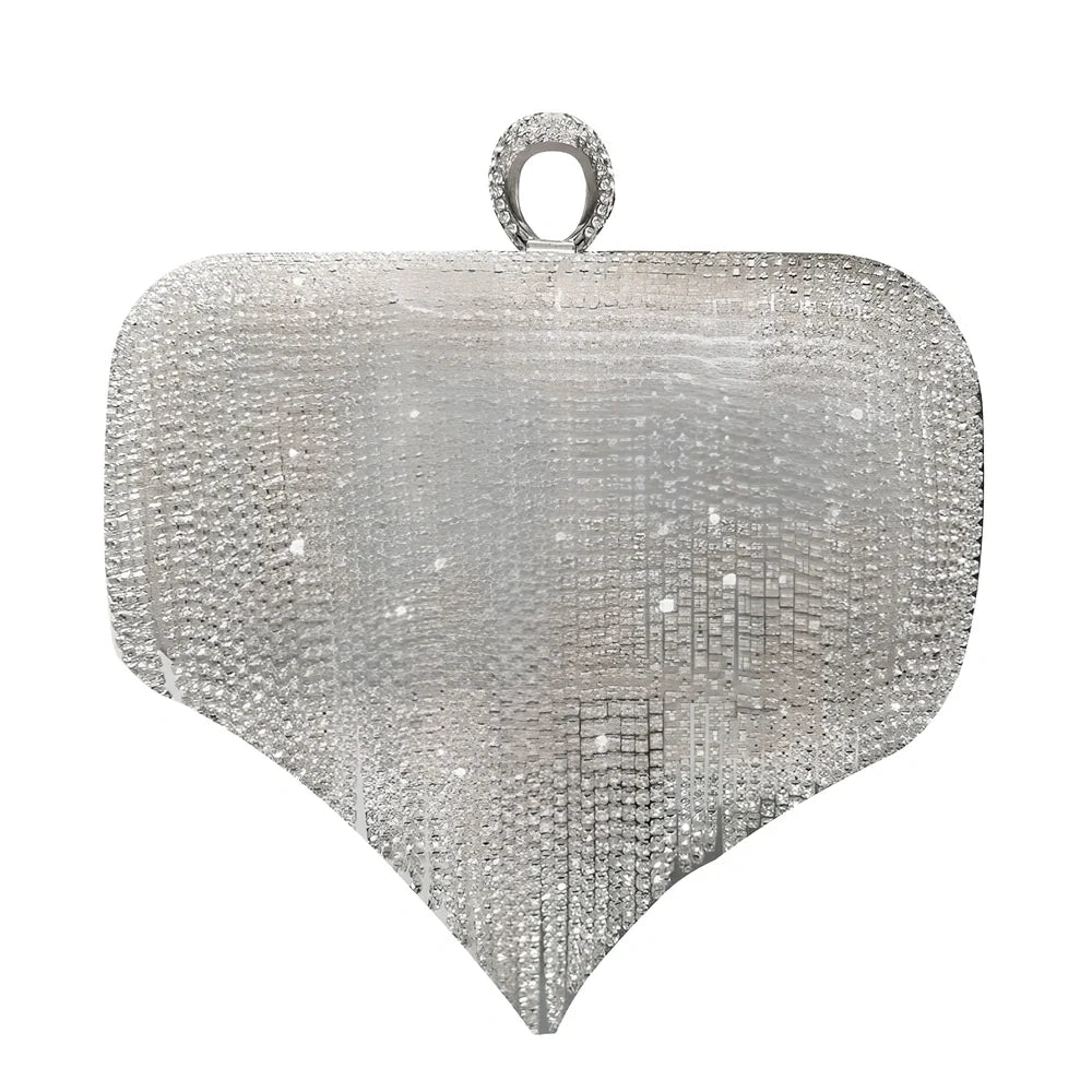 Silver fringed ladies handbag 18cm high with diamond rhinestones and 60-80cm chain strap for evening use