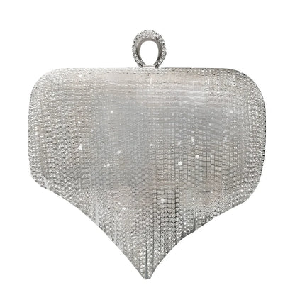 Silver fringed ladies handbag 18cm high with diamond rhinestones and 60-80cm chain strap for evening use