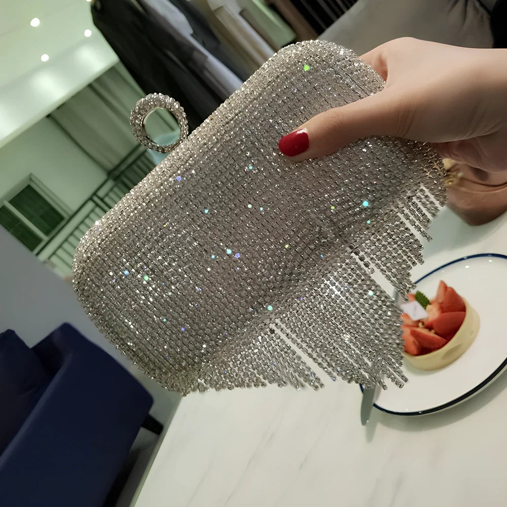 Silver fringed ladies handbag 18cm high with diamond rhinestones and 60-80cm chain strap for evening use