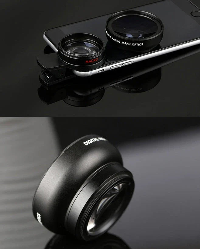 Universal HD mobile phone lens combo with wide-angle and macro capabilities