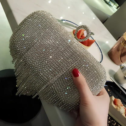 Silver fringed ladies handbag 18cm high with diamond rhinestones and 60-80cm chain strap for evening use