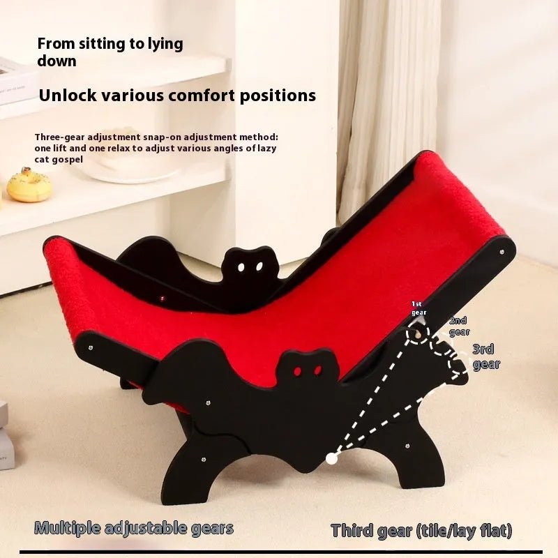 Wooden cat recliner bed with black and red Halloween colour theme