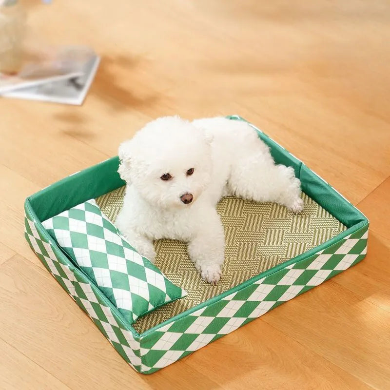 A blue woven rattan cat mat showing its breathable texture and rectangular shape, placed on a floor.