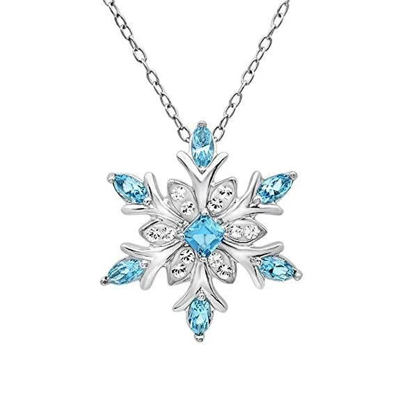 Zircon Christmas Snowflake Necklace with bamboo chain in blue and white
