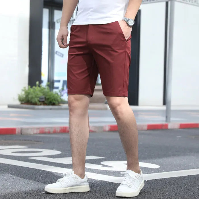 Men's casual fifth pants with elastic waistband in solid colours including apricot and army green