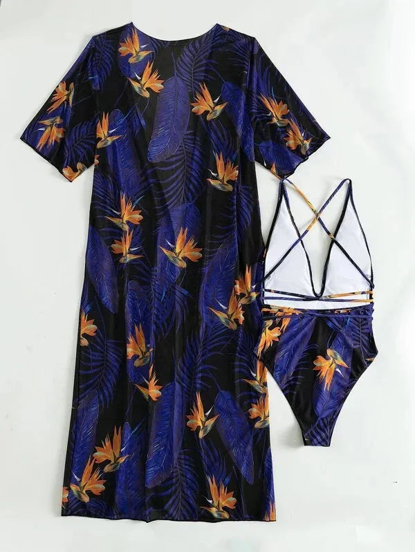 Women's three-piece polyester swimsuit set with matching coat in one of four available colour patterns.