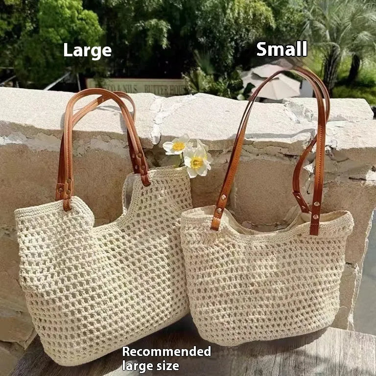 Beige woven cotton linen shoulder bag with large capacity, shown with magnetic snap and zipper closure options.