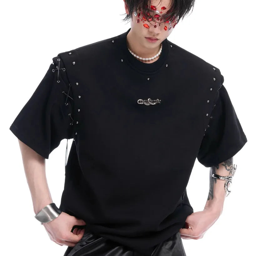 Men's black deconstruction style short sleeve t-shirt with a lace-up cutout panel on the front.