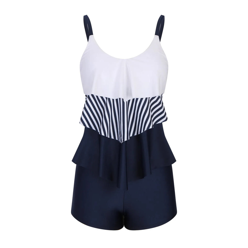 Ladies conservative stripe boyshorts swimsuit bikini set with polyester fabric
