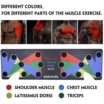 Black 9-in-1 Push-Up Rack Edge with colour-coded plates and silicone handles for upper body training, 60 x 18.5 x 2 cm size