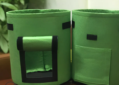 Black breathable non-woven plant growth bag with side window and double handles for potato cultivation