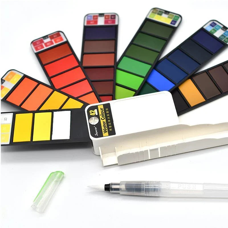 Compact foldable watercolor paint set with brush pen and 42 vibrant colors