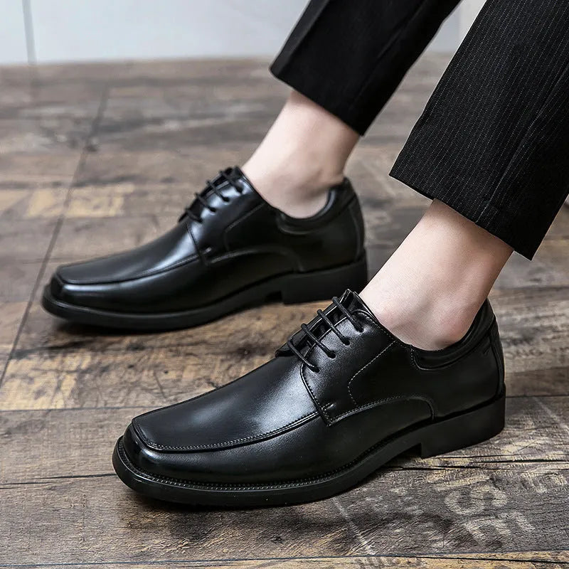 Men's black square toe business casual shoes with low-top artificial PU upper and rubber sole