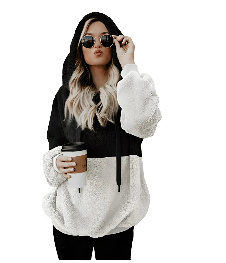 Women's casual plush hooded sweatshirt in dark grey with zipper, drawstring hood, and patchwork stitching, loose fit for autumn winter