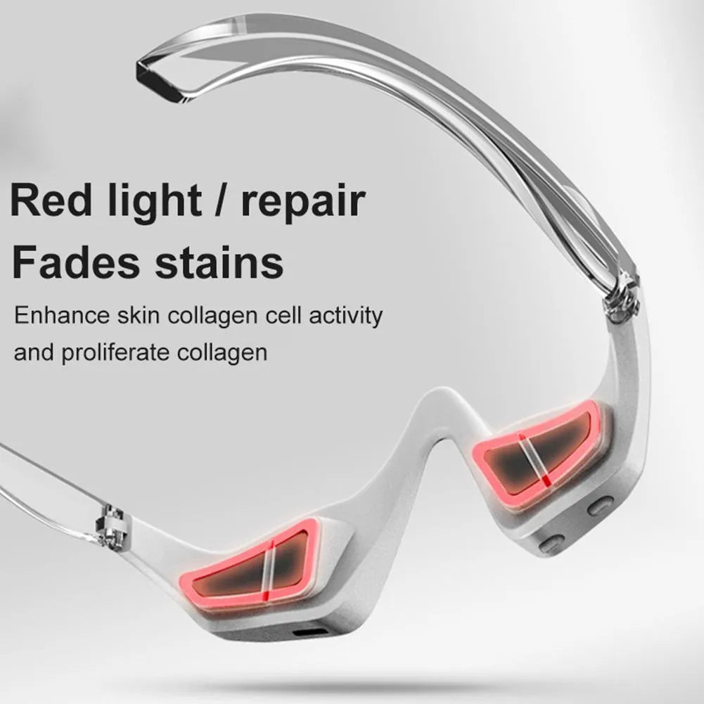 Pink and white micro-current eye massager with glasses-style frame on a grey background.
