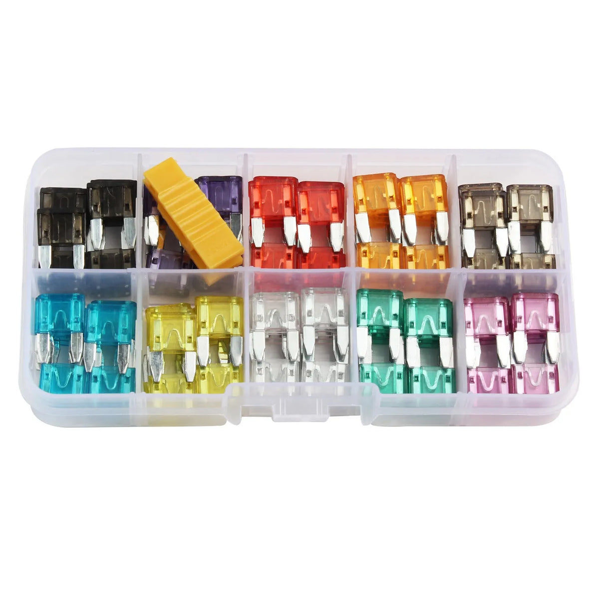 120 pieces of small car fuses in assorted colours with transparent housing for easy inspection
