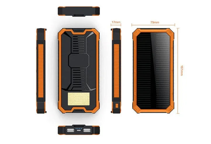 Solar power bank in black, green, orange or yellow with polymer lithium-ion battery