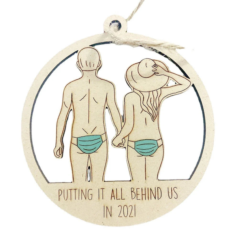 Wooden Christmas tree pendant with snowman and deer laser-cut design