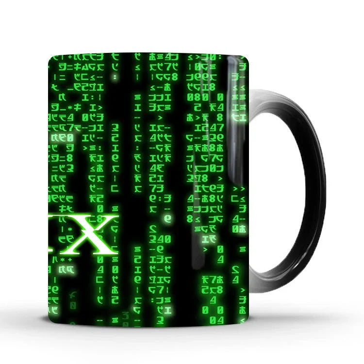 The Matrix-themed ceramic mug with colour-changing design, featuring the iconic imagery from the beloved sci-fi classic.