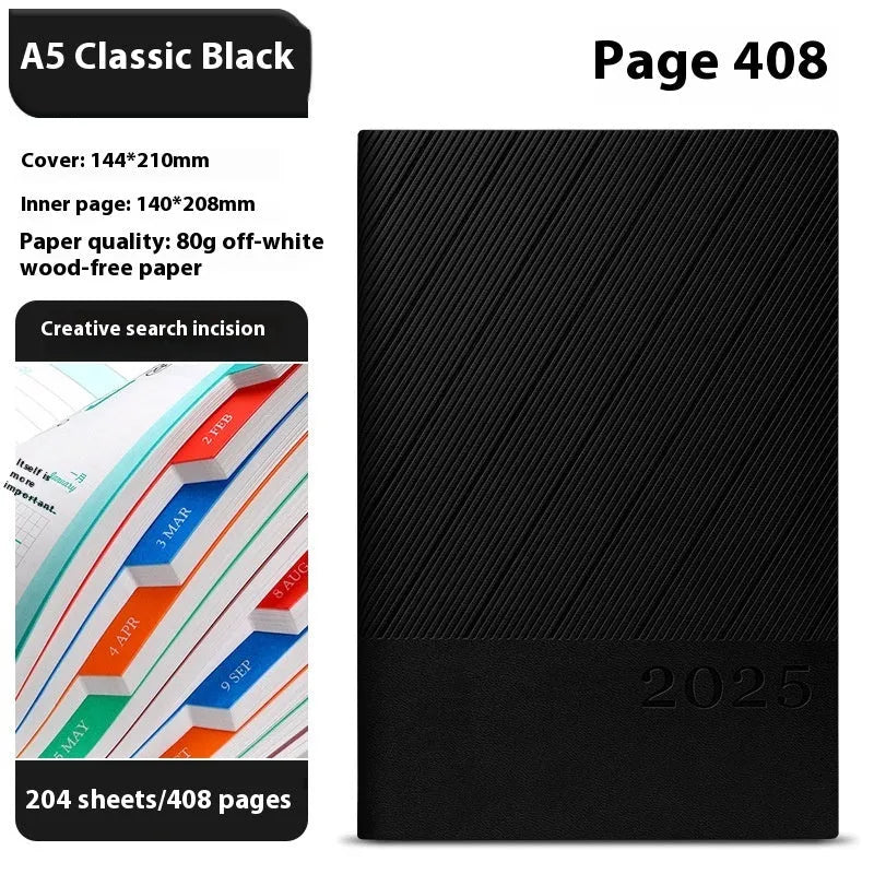 A4 business notepad with striped PU leather cover showing eight colour options including Bean Green, Black, and Sapphire Blue