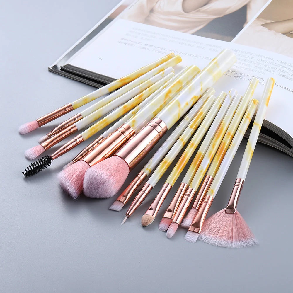 15-piece marbled design makeup brushes set with nylon bristles and wooden handles
