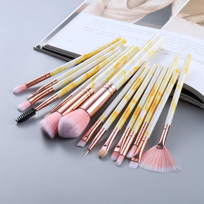 15-piece marbled design makeup brushes set with nylon bristles and wooden handles