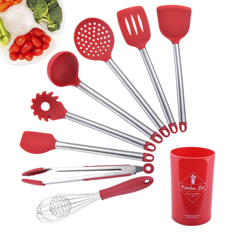 Versatile Silicone Kitchenware Set with Stainless Steel Handles - Includes Spoon, Spatula, Colander, and More