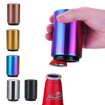 Stainless steel magnetic beer bottle opener with brushed metal finish